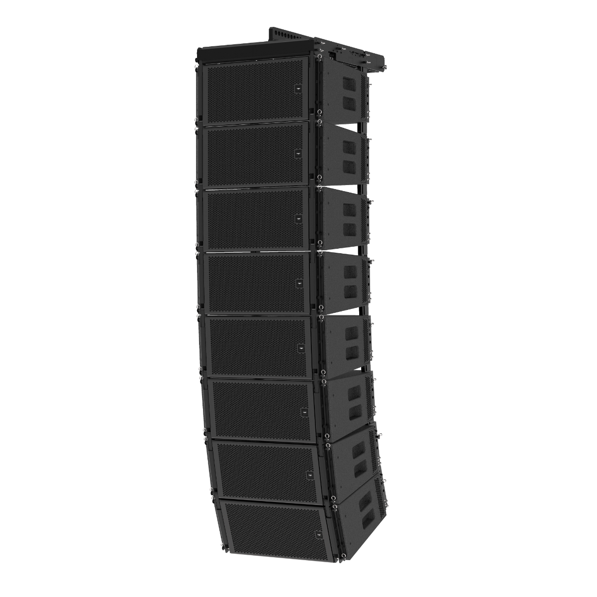 AUDIOFOCUS ELIZ 210 line array loudspeakers flown with rigging frame and bar - right view