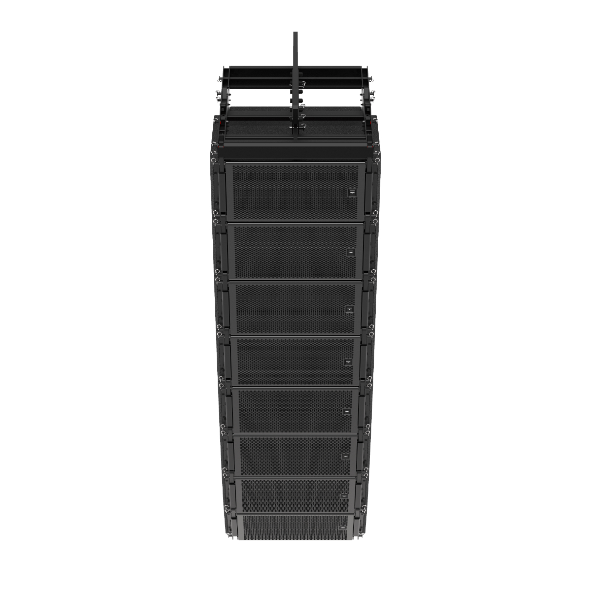 AUDIOFOCUS ELIZ 210 line array loudspeakers flown with rigging frame and bar - front view