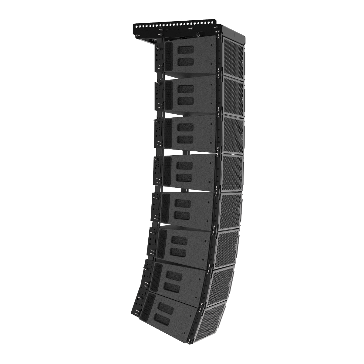 AUDIOFOCUS ELIZ 210 line array loudspeakers flown with rigging frame and bar