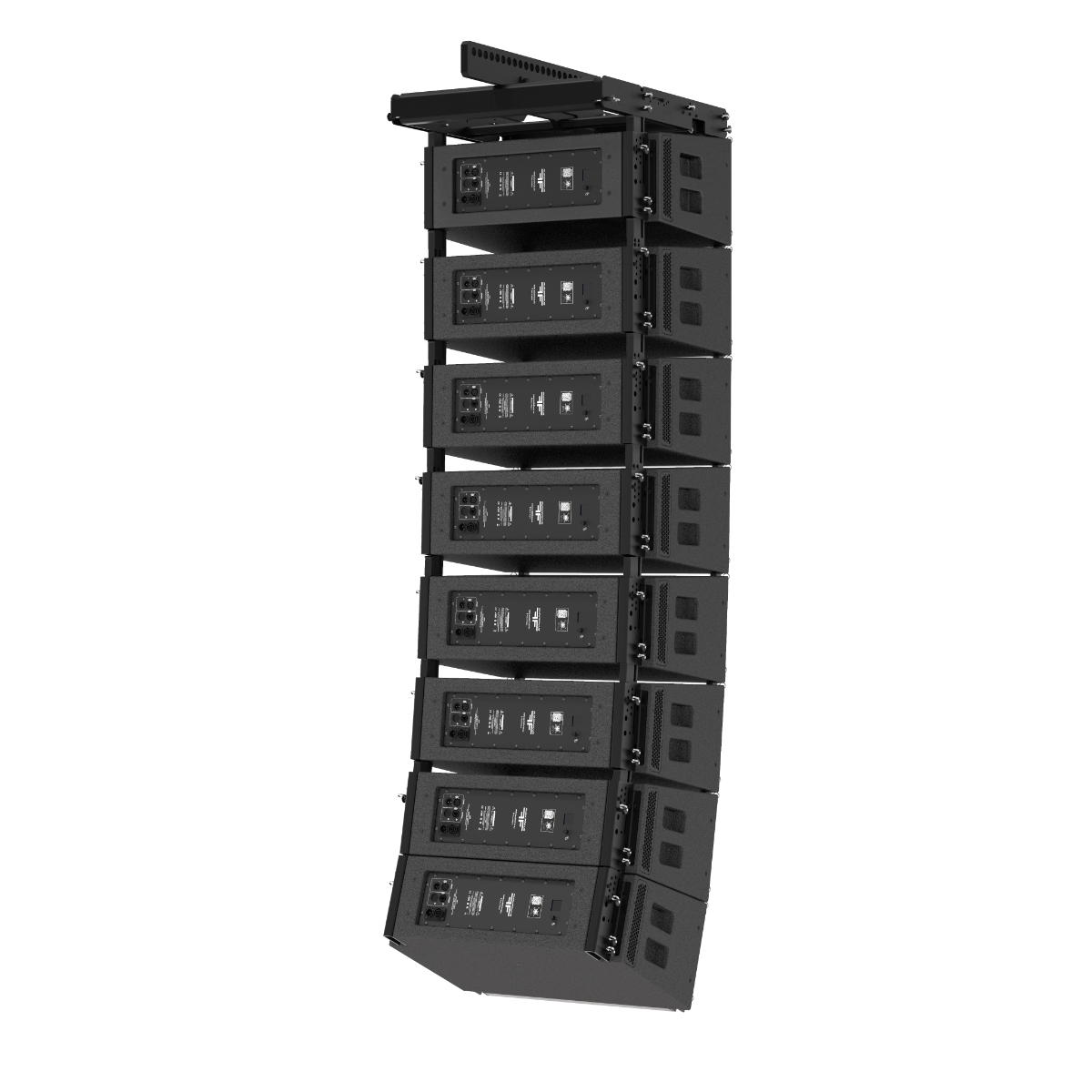 AUDIOFOCUS ELIZ 210a self-powered line array elements flown with rigging frame and bar