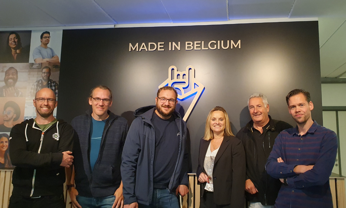 AUDIOFOCUS CEO Ann Leroy with Audio Acoustics team members at AUDIOFOCUS HQ in Achêne, Belgium. From left to right: Erik Mertens, Sjoerd Wierda, Jorg de Haan, Ann Leroy, Wilbert Montens, Dico ter Maten.