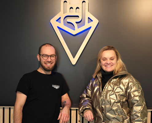 Sequoia Audio Belux sales manager Fabien Pynaert with AUDIOFOCUS CEO Ann Leroy at AUDIOFOCUS HQ in Achêne, Belgium.